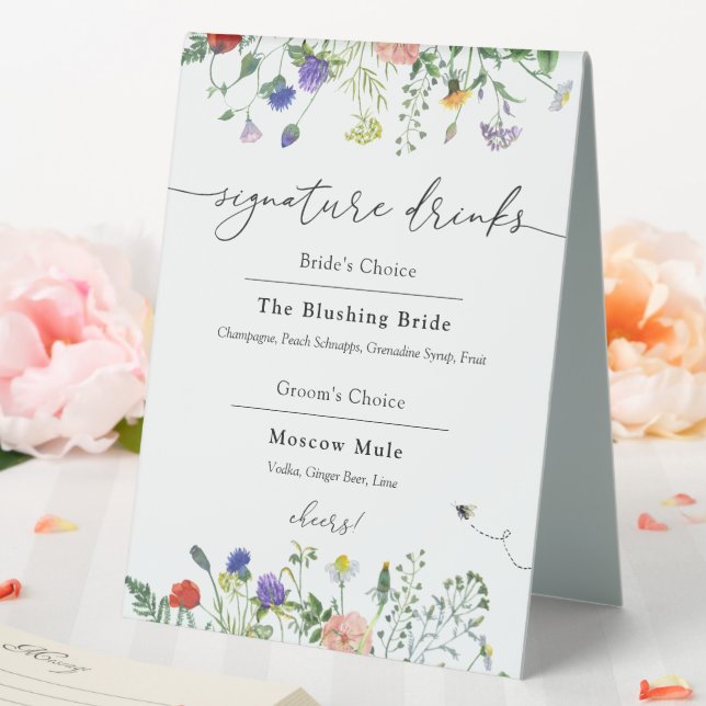 Signature Drinks Wildblume und Bienen Tischaufsteller (In Situ (Hochzeit))