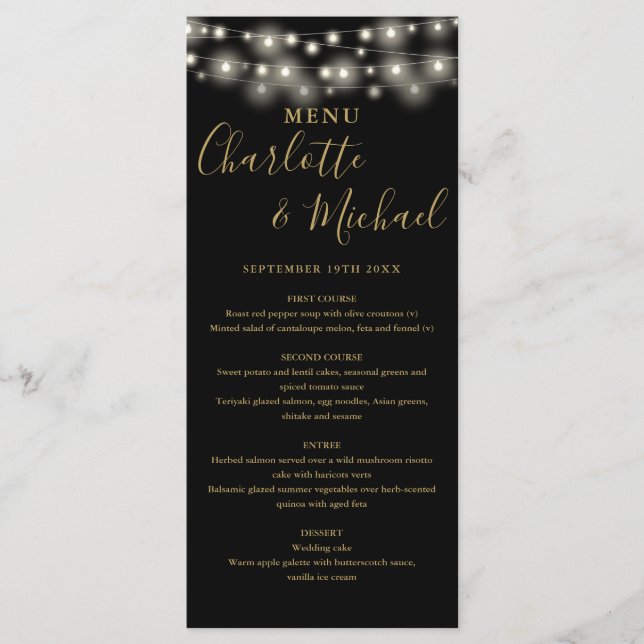 Signature-Menü für Schwarze Gold String-Lichter Menükarte (Vorderseite)