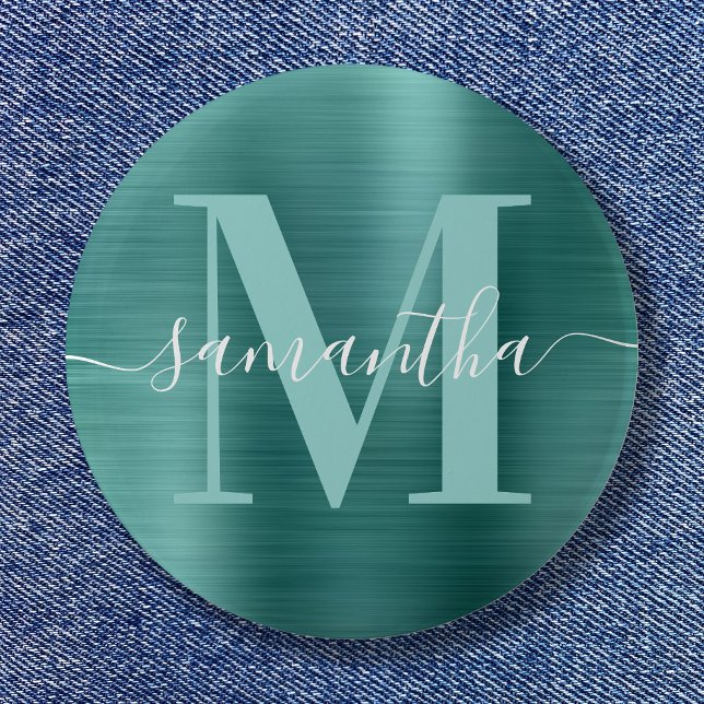 Signature-Monogramm Aqua-Teal-Schimmerfolie  Button (Signature Monogram Aqua Teal Shimmer Foil Button)