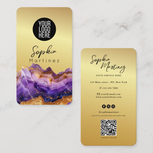 Signature Purple Agate gold marble & QR Code Logo Visitenkarte (Vorne/Hinten)