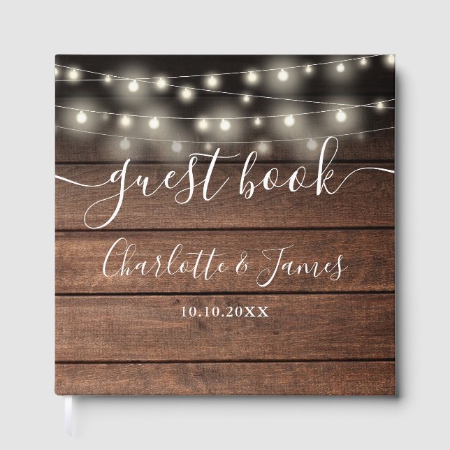 Signature Rustic Wood String Lights Wedding Gästebuch (Vorderseite)