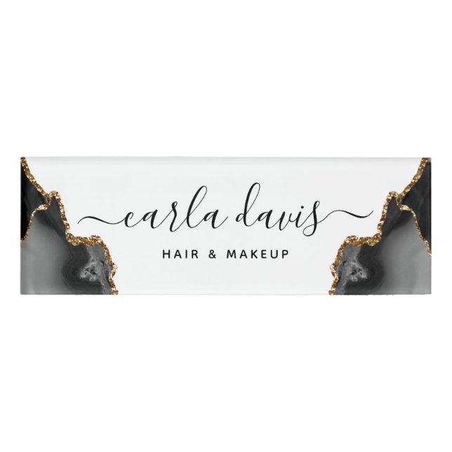 Signature Script Agate Black and Gold Marmor Namenschild (Vorderseite)
