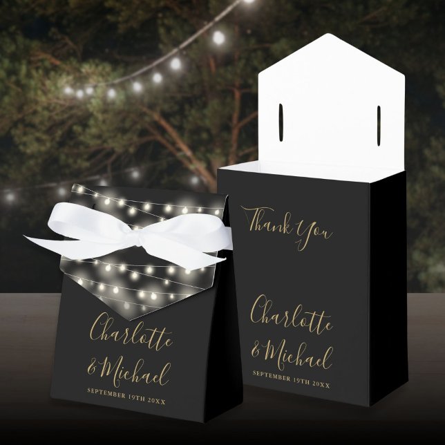 Signature-Script-Black-Gold-Hochzeit Geschenkschachtel (String Lights Signature Script Black Gold Wedding Favor Boxes)