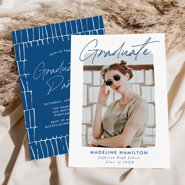 Signature Script Blue Foto Graduation Party Einladung (Von Creator hochgeladen)