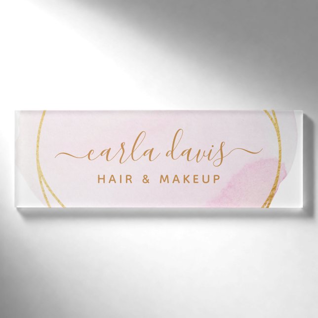 Signature Script Blush Pink Watercolor Gold Circle Namenschild (Vorderseite)