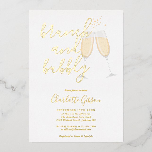 Signature Script Brunch Bubbly Brautparty Gold Folieneinladung (Vorderseite)