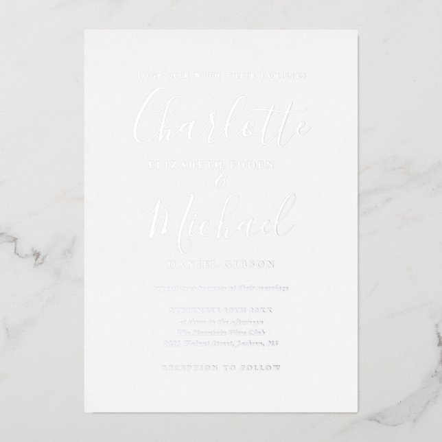 Signature Script Foto Wedding Silver Folieneinladung (Vorderseite)