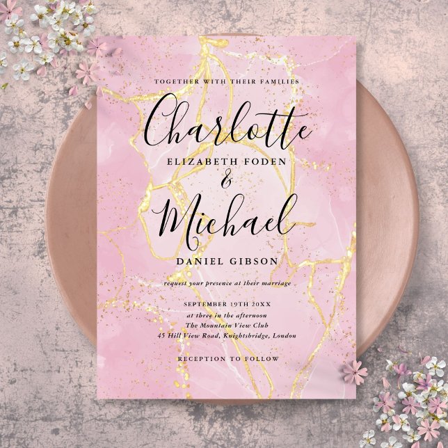 Signature Script Rosa Gold Agate Marmorhochzeit Einladung (Signature Script Pink Gold Agate Marble Wedding Invitation)