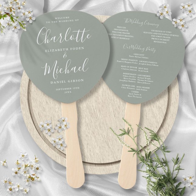Signature Script Sage Green Wedding Program Fächer (Signature Script Sage Green Wedding Program Hand Fan)