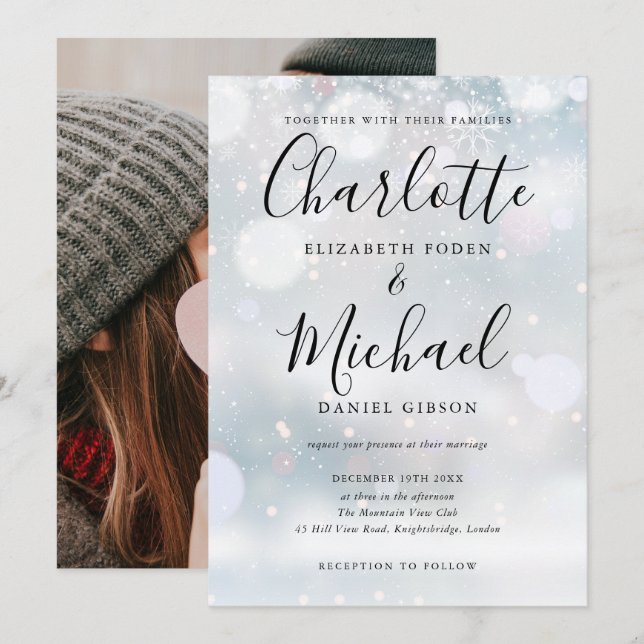 Signature Script Snowflakes Winter Wedding Foto Einladung (Vorne/Hinten)