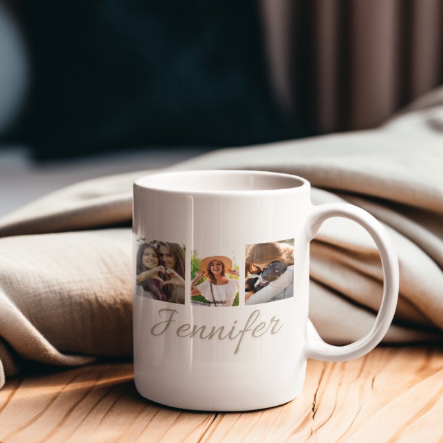 Signature Strip Collage Kaffeetasse (“Storytelling coffee mug featuring rectangular photo strip layout with elegant script name detail.”)