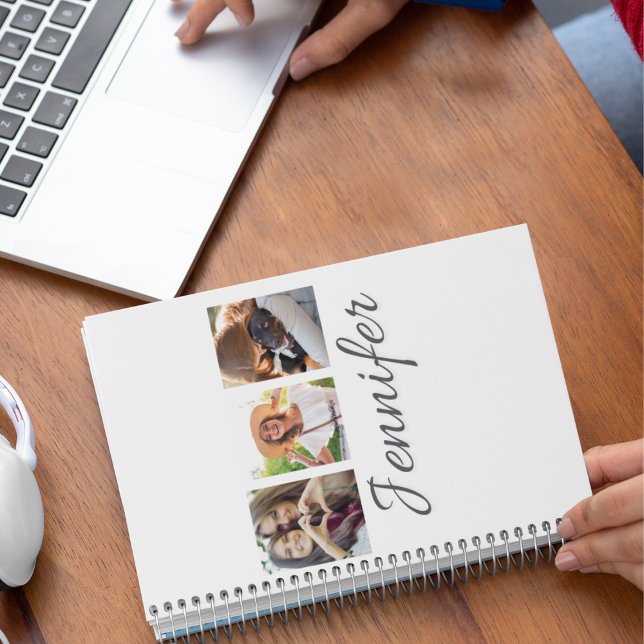 Signature Strip Collage Notizbuch (“Storytelling notebook design featuring three-photo strip layout with flowing script name detail.”)