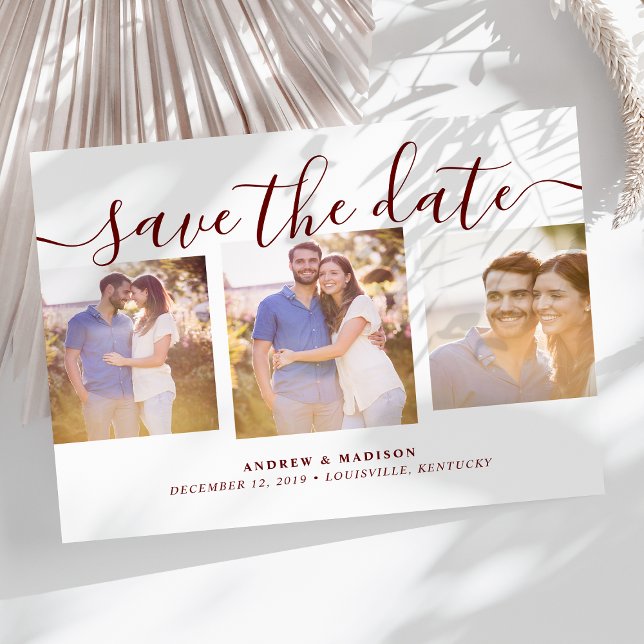 Signaturskript Drei Fotos Maroon Save the Date Ankündigungspostkarte (Von Creator hochgeladen)