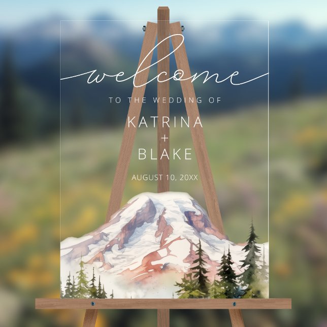 SIGNE ACrylique Mariage PNW Mount Rainier Bienvenu (Shown on an 18" x 24" acrylic sign)