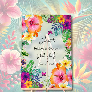 Signe de bienvenue de mariage tropical floral givr