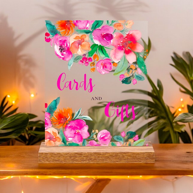 Signe de douche de mariée à script floral rose vif (Bright pink floral script bridal shower sign)