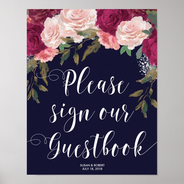 signe de livre d'or mariage marine rose floral (Devant)
