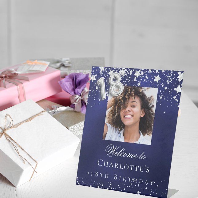 Signe De Table 18e anniversaire bleu argent étoiles photo bienven (Créateur téléchargé)