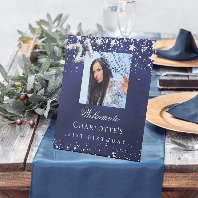 Signe De Table 21e anniversaire bleu argent étoiles photo bienven (Créateur téléchargé)