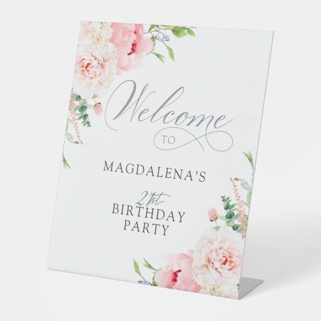 Signe De Table 21e fête d'anniversaire Elegant rose Floral Bienve (Recto)