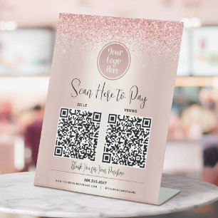 Signe De Table 2 codes QR Logo personnalisé Payer ici Rose Gold P