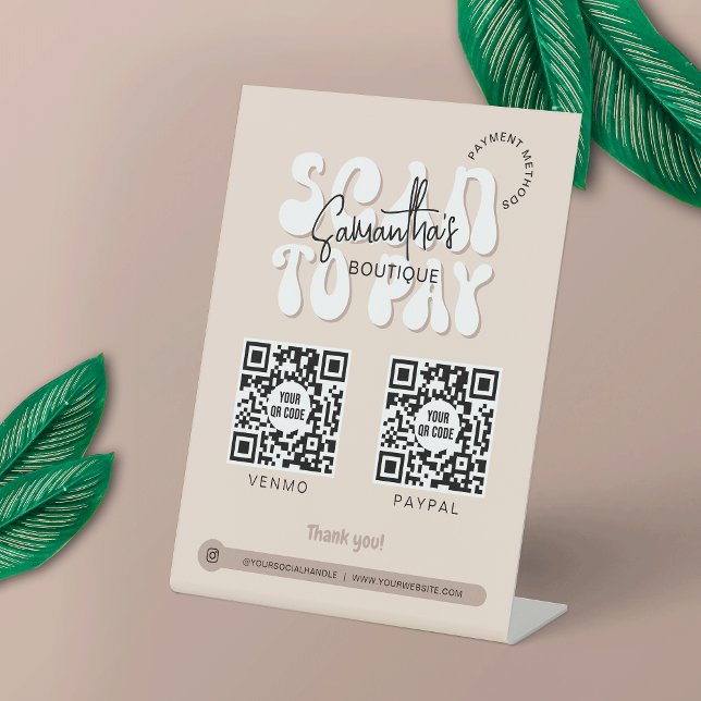 Signe De Table 2 QR codes tendance numérisation pour payer Retro  (Stand out with this trendy beige Scan to Pay sign design with 2 QR codes, featuring retro fonts)