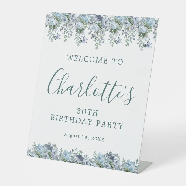 Signe De Table 30e anniversaire Dusty Blue Floral Bienvenue (Recto)