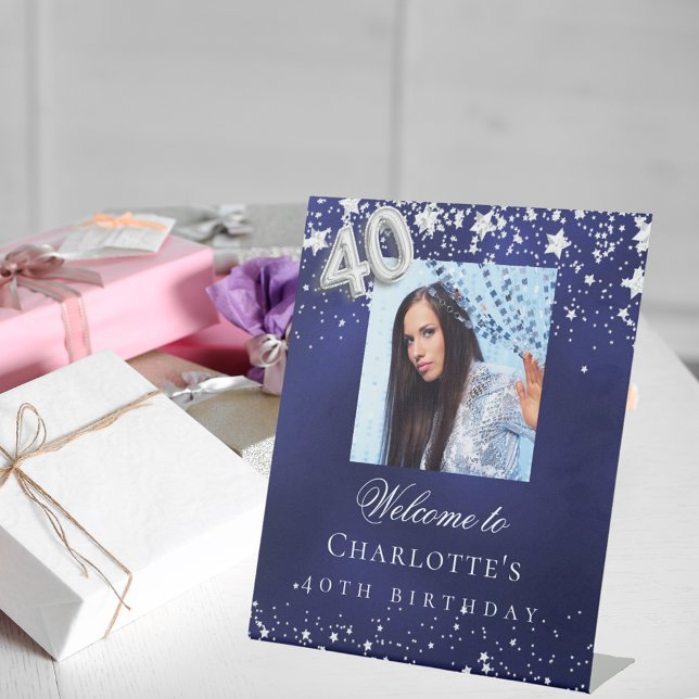 Signe De Table 40e anniversaire bleu argent étoiles photo bienven (Créateur téléchargé)