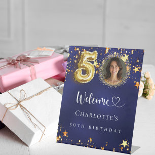 Signe De Table 50e anniversaire bleu or étoiles photo bienvenue