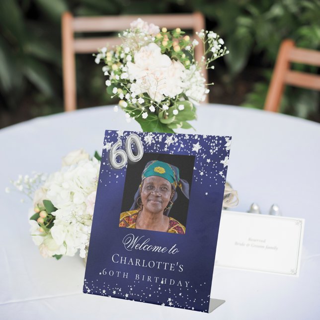 Signe De Table 60e anniversaire bleu argent étoiles photo bienven (Créateur téléchargé)