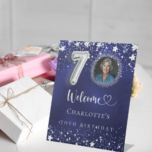 Signe De Table 70e anniversaire bleu argent étoiles photo bienven