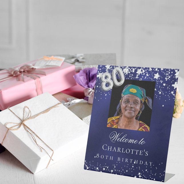 Signe De Table 80e anniversaire bleu argent étoiles photo bienven (Créateur téléchargé)