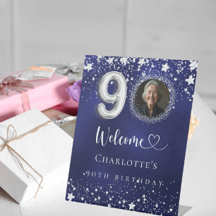 Signe De Table 90e anniversaire bleu argent étoiles photo bienven