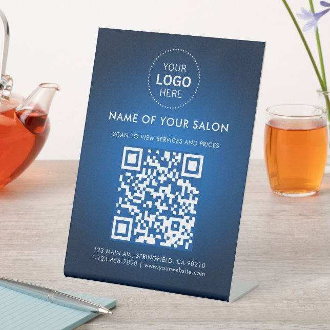 Signe De Table Abstrait Blue Salon Business QR Code et logo (In SItu)