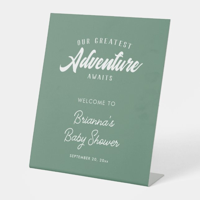 Signe De Table Adventure Await Green Baby shower d'accueil (Recto)