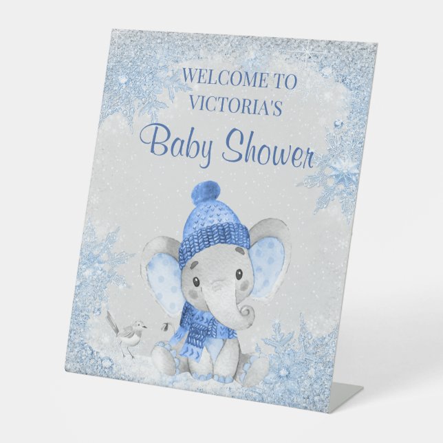 Signe De Table Affiche de bienvenue Baby shower d'éléphant d'hive (Recto)