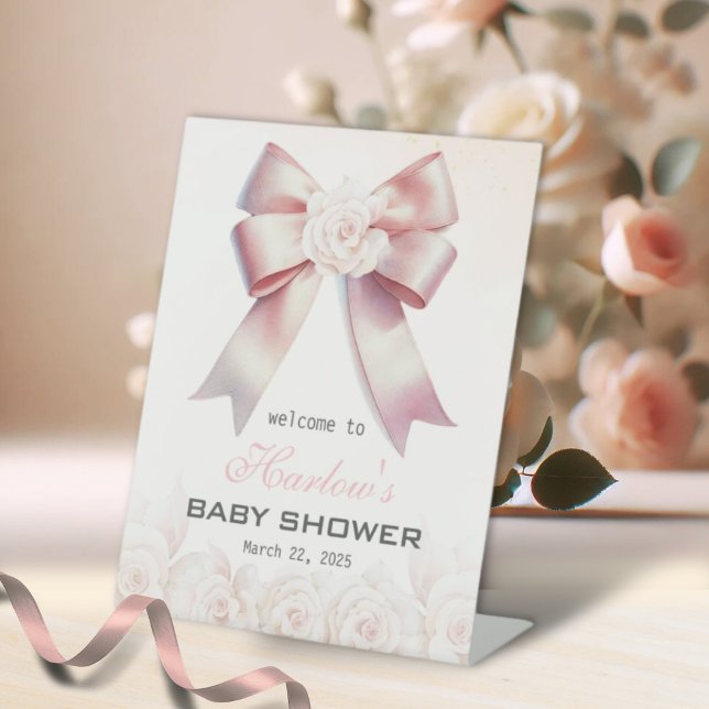 Signe De Table Affiche de bienvenue de Baby shower de Bow rose (Créateur téléchargé)