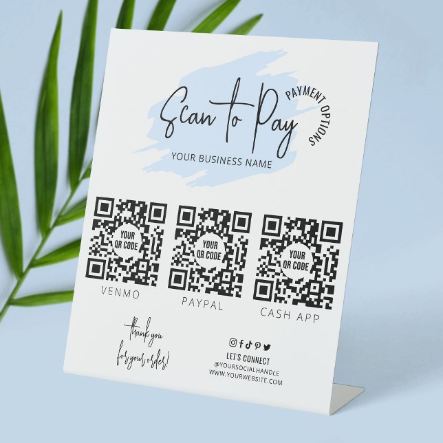 Signe De Table Analyse d'entreprise pour payer 3 codes QR Aquarel (Scan to pay sign with space for 3 custom QR codes, you can edit all text and colors as you wish)