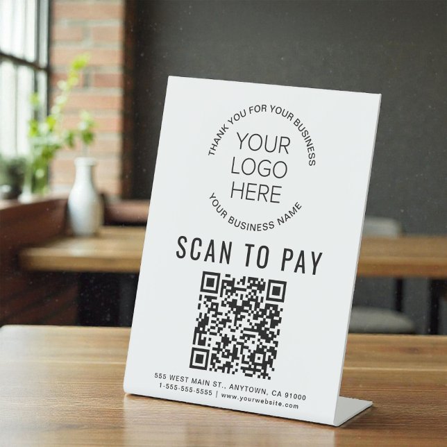 Signe De Table Analyser pour payer le code QR Logo d'entreprise (Scan to Pay QR Code Business Logo Pedestal Sign)