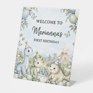 Signe De Table Anniversaire 1 an Dinosaure Aquarelle Bleu Pastel