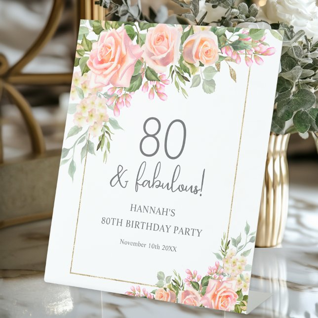 Signe De Table Anniversaire 80 ans Fleur Rose Pêche Féminin  (Créateur téléchargé)