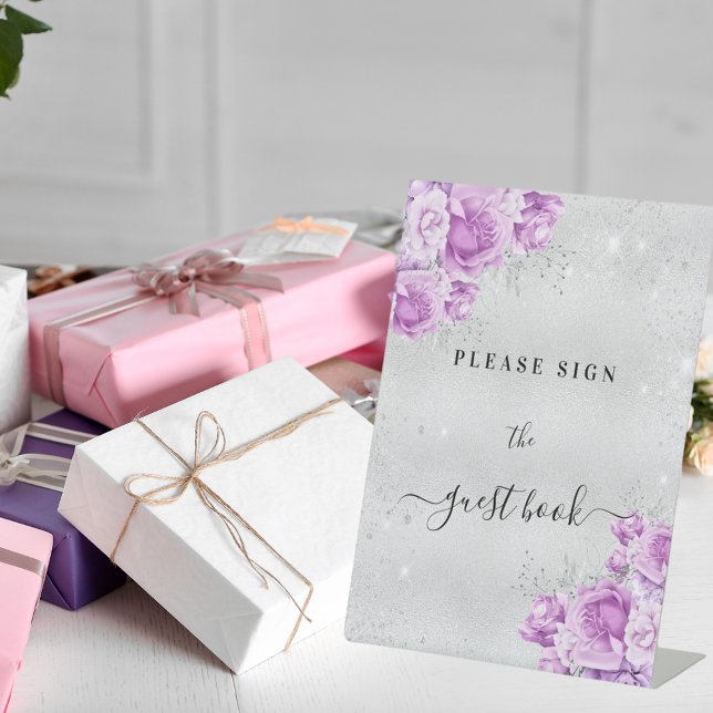 Signe De Table Anniversaire argent rose violet fleurs livre d'or (Créateur téléchargé)