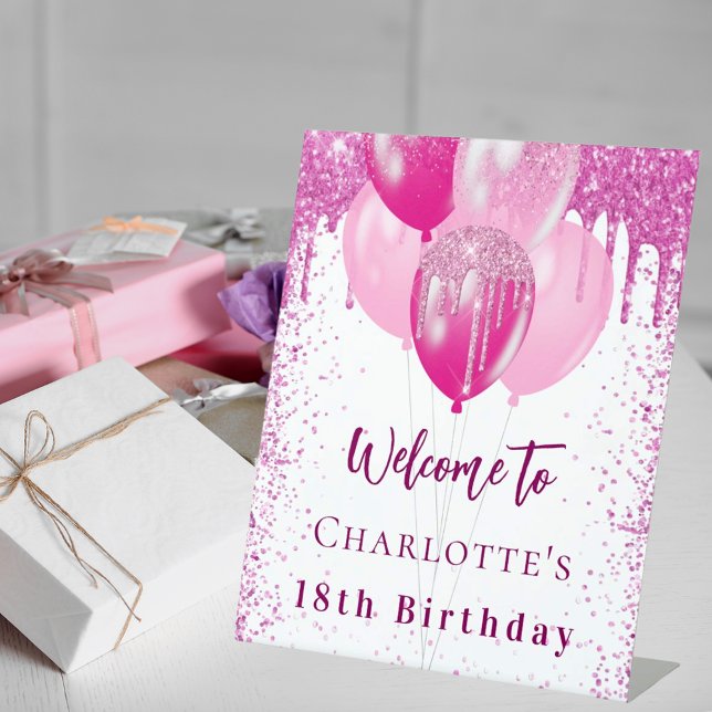 Signe De Table Anniversaire blanc rose ballons fille accueil fête (Créateur téléchargé)