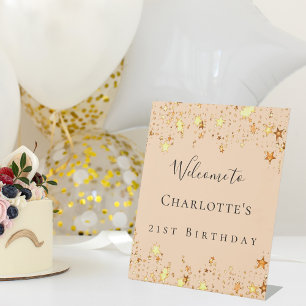 Signe De Table Anniversaire fête douce pêche or étoiles bienvenue