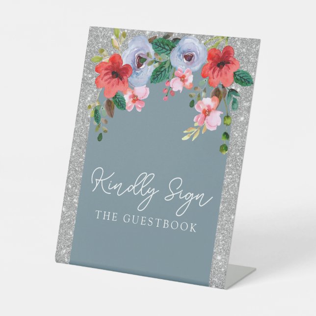Signe De Table Aquarelle bleu Dusty Parties scintillant argent Ar (Recto)
