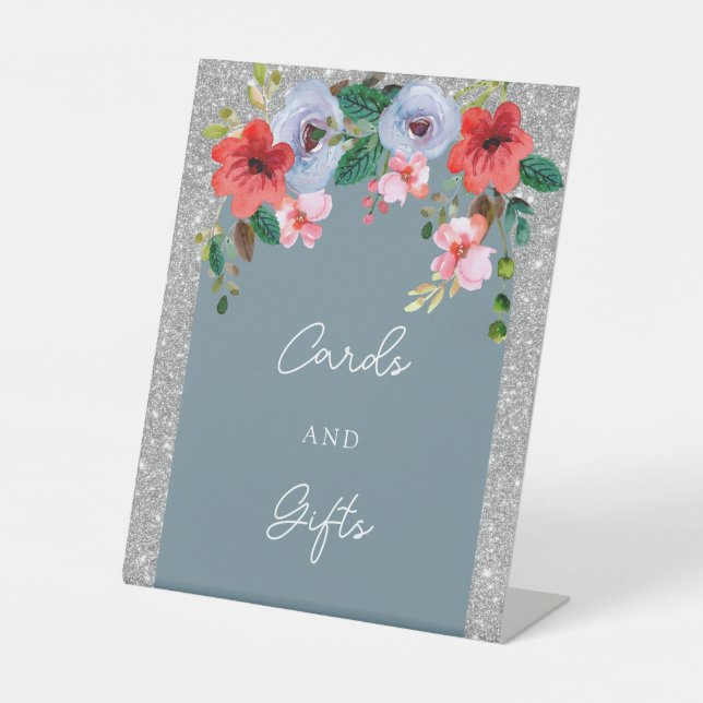 Signe De Table Aquarelle bleu Dusty Parties scintillant argent Ar (Recto)