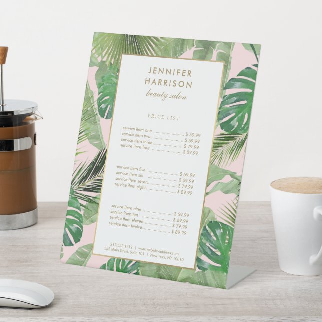 Signe De Table Aquarelle Feuille tropical Motif sur rose (In SItu)