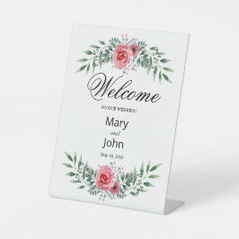 Signe De Table Aquarelle Rose Rose Vert Mariage de feuillage