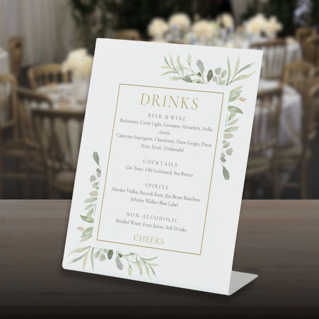 Signe De Table Aquarelle Vert Boissons Menu (Watercolor Greenery Drinks Menu Pedestal Sign)