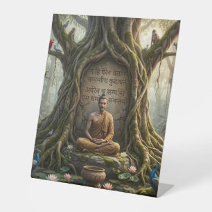 Signe De Table Arbre Bodhi ancien et socle de moine en méditation